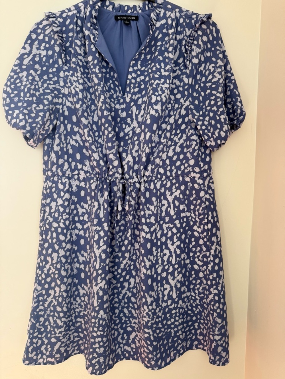 41 Hawthorn Blue and White Printed Puff-Sleeve Dress